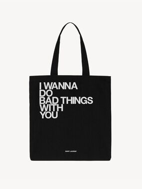 Saint Laurent Black Canvas Slogan Tote with White Text